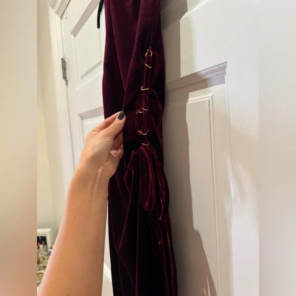 Deep Red Velvet Dress with Gold Side Ties - Picture 7 of 9